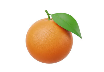 3d icon of a bright orange with a green leaf, isolated on transparent background