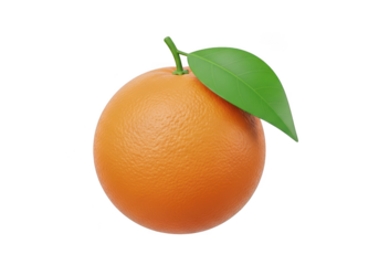 3d icon of a bright orange with a green leaf, isolated on transparent background