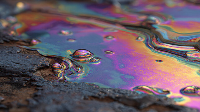 A close-up shot of an oil spill, with vibrant iridescent colors shimmering on the surface of the water. This image captures the beauty and the environmental impact of the oil