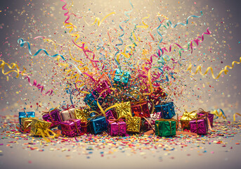 Fototapeta premium Colorful presents and confetti explosion