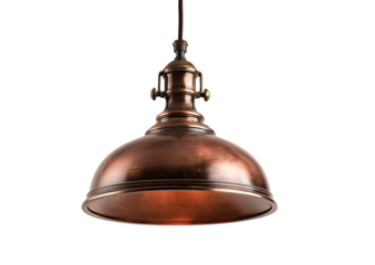 Hanging copper dome lamp fixture with visible wiring against black backdrop