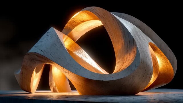 Modern abstract architectural sculpture with golden inner glow