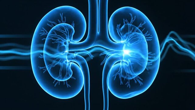 Glowing blue kidneys with detailed vascular structure