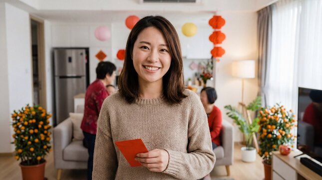 Smiling young Asian woman holds red envelope celebrating Chinese New Year at home with family.
