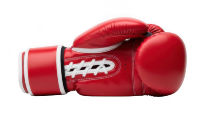 Vibrant red boxing glove with classic white lacing and trim, ready for combat or training