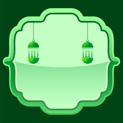 Ramadan Kareem Green Background Vector. Islamic frame design with hanging lanterns and blank space for text. Eid Mubarak greeting card template.