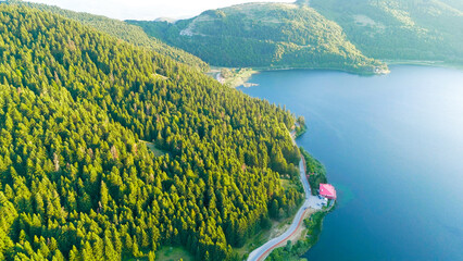 Bolu, Turkey. Abant - Large freshwater lake surrounded by mountains and forest with picturesque views. Sunset time, Aerial View