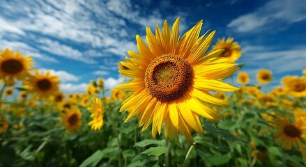 A vibrant sunflower stands tall in a field of bright yellow flowers under a clear blue sky with wispy clouds.
