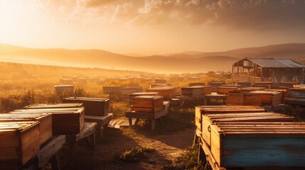 Wide Panoramic View of a Beekeeping Landscape During Golden Hour With Long Shadows From Wooden Beehives and Warm Sunlight