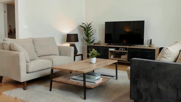 Wide 4K push shot inside home living room featuring coffee table two couches TV showcasing interior layout modern design cozy home ambiance lifestyle stock 