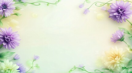 Soft Floral Frame with Purple and Yellow Flowers and Delicate Green Vines, Ideal for Springtime or Wedding Themes