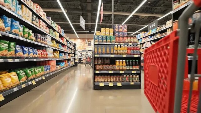 Supermarket aisle with shelves full of groceries shopping cart in foreground concept for retail.