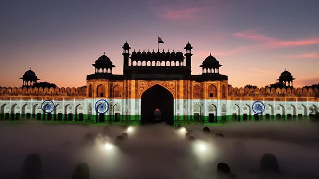 Republic Day India with Red Fort silhouette and tricolor light projection patriotic scene