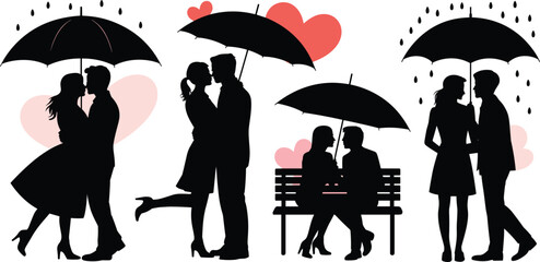Couple umbrella silhouette vector illustration, romantic rainy day artwork, black and white love design, emotional pose clipart, Valentine&rsquo;s Day concept