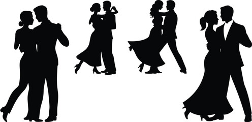 Ballroom dance couple vector illustration, romantic silhouette artwork, black and white formal pose, elegant movement graphic, dancing lovers clipart