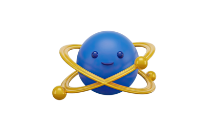 Cute blue planet character with orbiting golden rings