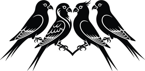 Stylized bird vector illustration, black and white animal art, symmetrical perched birds, decorative wildlife design, intricate feather pattern, nature-themed drawing