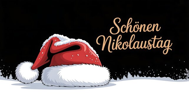 Sch&ouml;nen Nikolaustag Gru&szlig;karte, Karte mit deutchem Text - Countdown roter Wecker mit Nikolausm&uuml;tze im Schnee, gr&uuml;ner Hintergrund header for web template created with generative ai