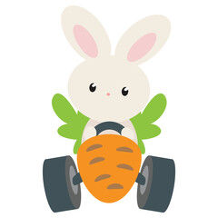 Cute Easter bunny in carrot race car vector cartoon illustration