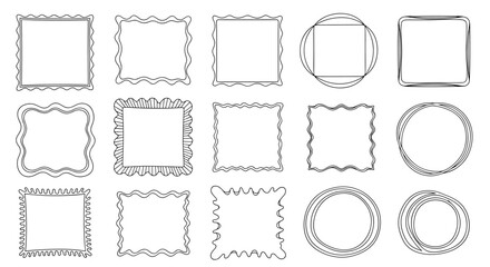 Collection of fifteen hand-drawn border frames in various square and circular shapes with simple black outlines.