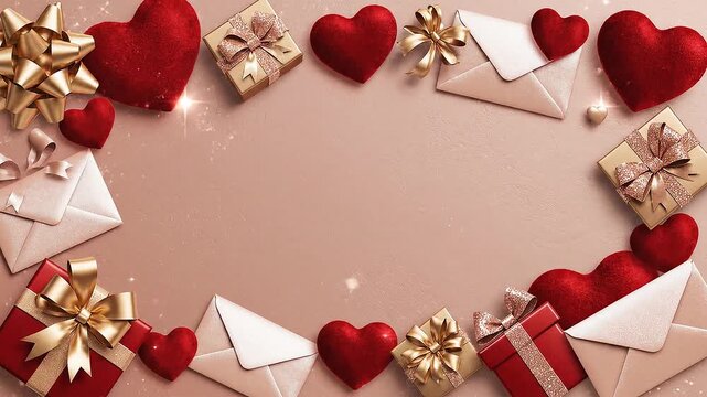 Romantic flat lay valentine frame with plush red hearts, golden gift boxes, and envelopes on a warm background for love celebrations.