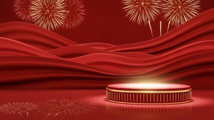 Festive red background with elegant podium and golden fireworks for a grand celebration