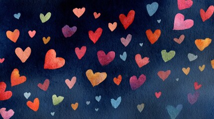 Colorful watercolor hearts pattern on dark blue background