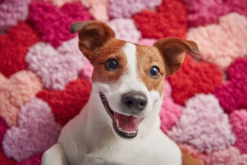 Happy jack russell terrier dog lying on hearts background