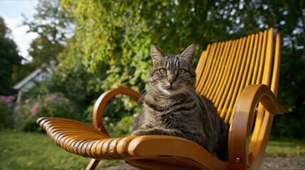 Tabby cat relaxing on wooden outdoor chair