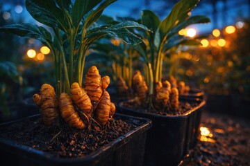 Turmeric roots in garden planter at dusk, fresh rhizomes growing in soil with green shoots, warm bokeh lights, organic spice cultivation concept
