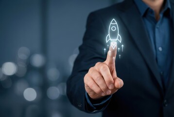Businessman in modern office touching rocket launch icon, virtual interface, startup growth concept, innovation and business success, digital technology background

