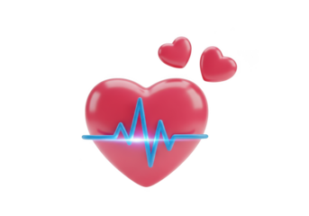 3d illustration of a red heart with a blue electrocardiogram line and two smaller hearts isolated on transparent background