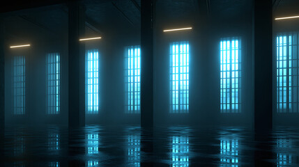 Illuminated interior architectural design with neon lights. Showcasing the industrial style with multiple rectangular windows, emitting a mesmerizing glow