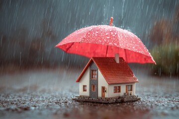 Red umbrella protecting house model during rain, copy space