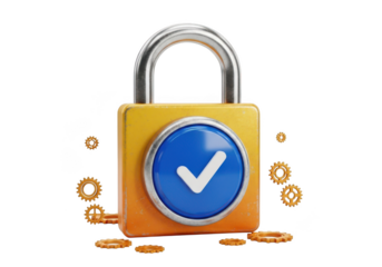 3d icon of a 3d rendered yellow and orange padlock with a blue checkmark button and surrounding golden gears, symbolizing security and success, isolated on transparent background