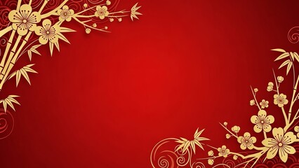 Golden plum blossom and bamboo branches on a vibrant red background for festive design