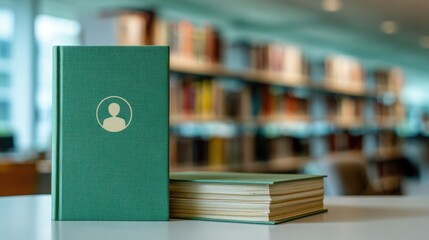 Green book with businessman icon in hard cover on desk in office with shelves and books on background. Teamwork training concept