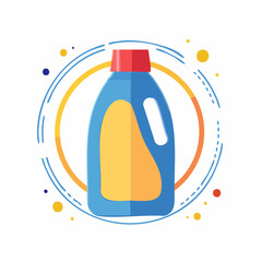 Simple illustration of a cleaning product bottle with a yellow label and red cap, surrounded by abstract colorful circles and dots