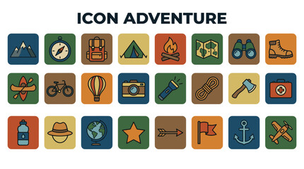 Adventure icon set featuring mountain, compass, backpack, tent, kayak, bicycle, hot air balloon, camera, water bottle, hat, globe, and star in a flat vector style with solid colors.