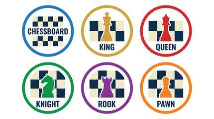 Chessboard badge set with Chessboard, Knight, and circular frames in bold sans-serif text and flat vector style, solid colors.