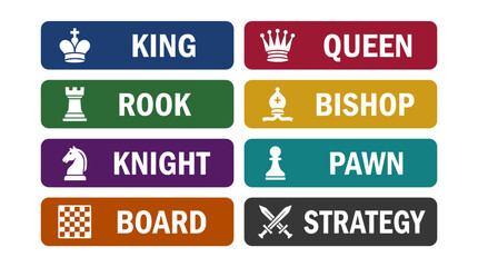 Chess pieces and board labels set in a flat vector style with solid colors, including King, Rook, Knight, and Board, on a white background.