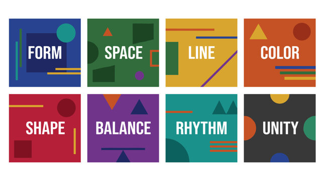 Abstract minimalist label set featuring the words "Form", "Space", "Shape", and "Balance" in bold sans-serif font, with solid color backgrounds and geometric shapes. - Powered by Adobe