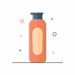 Orange bottle with a label on a white background with abstract shapes and lines