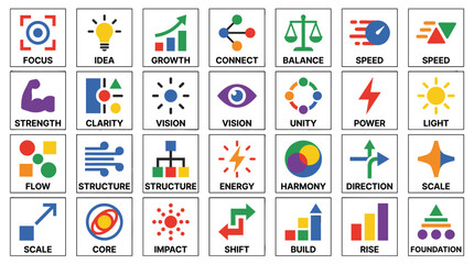 Icon set of abstract minimalism in flat vector style, featuring various concepts such as focus, idea, growth, and impact, with solid colors and bold sans serif font.