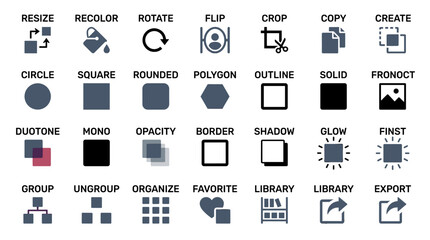 Icon set of software customization options including resize, recolor, rotate, circle, square, rounded, duotone, mono, opacity, group, ungroup, and organize, in a flat vector style.