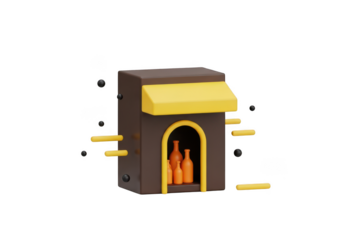 3d icon of 3d cartoon illustration of a small shop or store with bottles inside, isolated on transparent background