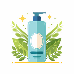Vibrant illustration of a natural skincare lotion bottle, adorned with fresh green botanical leaves and subtle sparkles, symbolizing organic beauty and gentle daily hygiene
