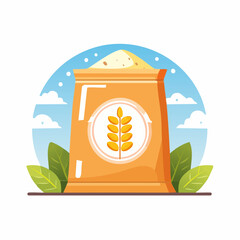 Bag of flour or grain with wheat symbol and surrounding leaves and sky, illustrating agriculture and food production