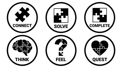 Monochrome badge set featuring puzzle pieces and brain icons with text labels, all in a flat vector style on a white background, with solid black colors only