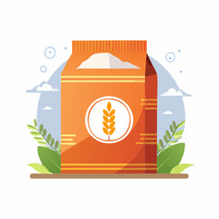 Orange bag of natural wheat flour vector illustration, highlighted with a prominent grain symbol and green leaves, perfect for wholesome baking ingredients and organic food promotion